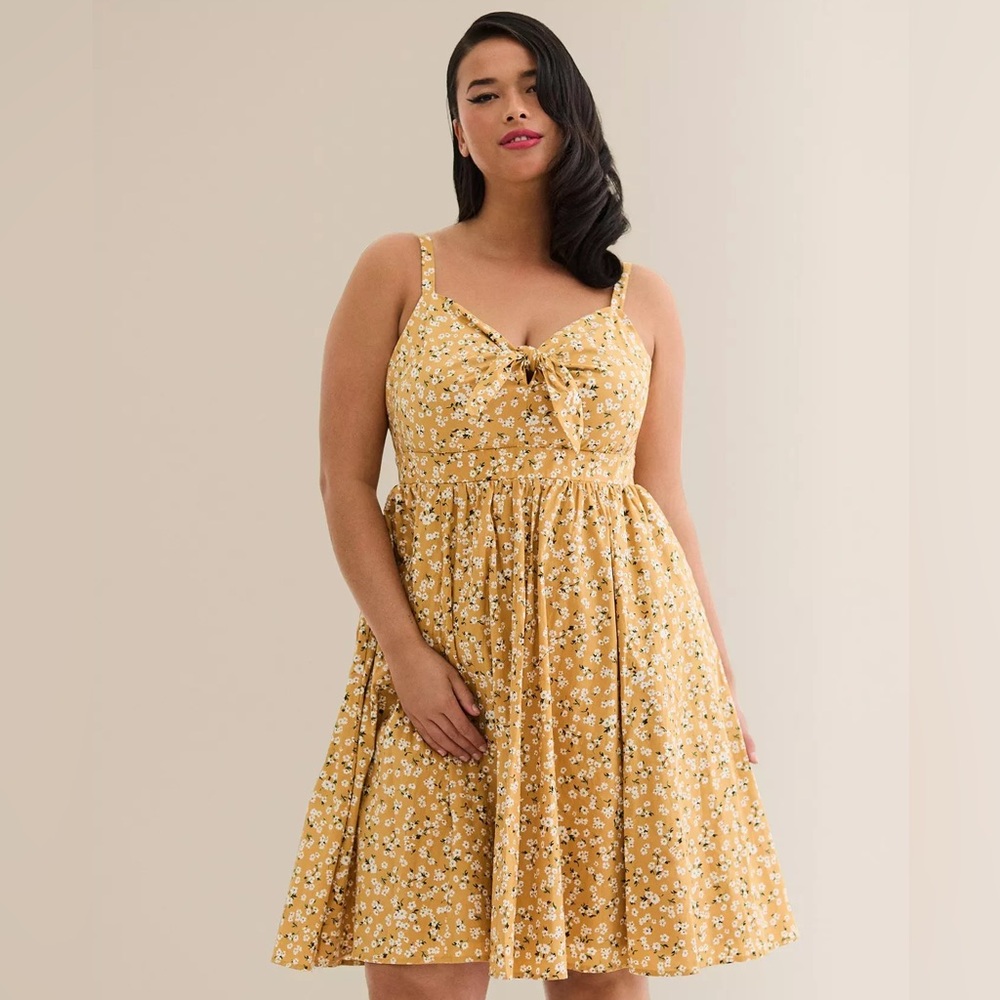 Torrid Retro Chic Mustard Yellow Spring Floral Mini Dress Tie Cottagecore